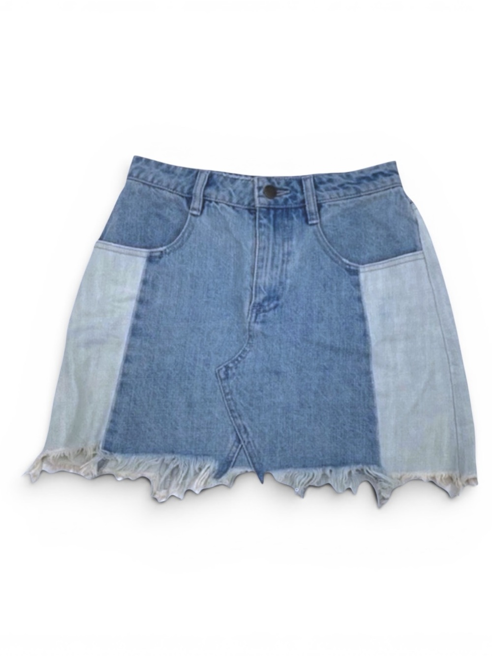 Free People Two-Tone Frayed Hem Denim Mini Skirt - Light & Medium Blue